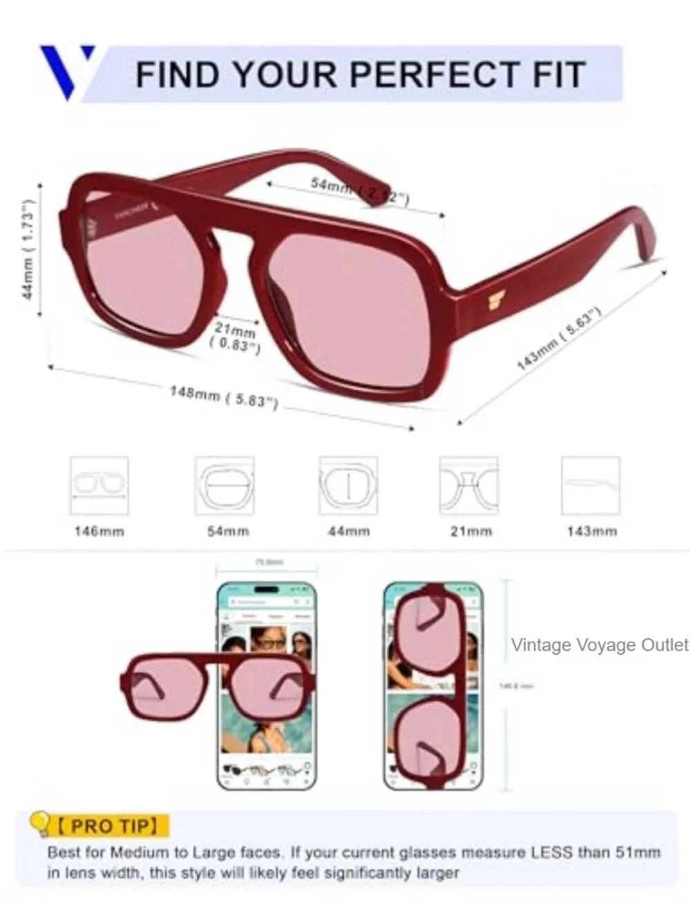 Retro Square Aviator Sunglasses, Oversized Acetate Frame, UV400 Protection